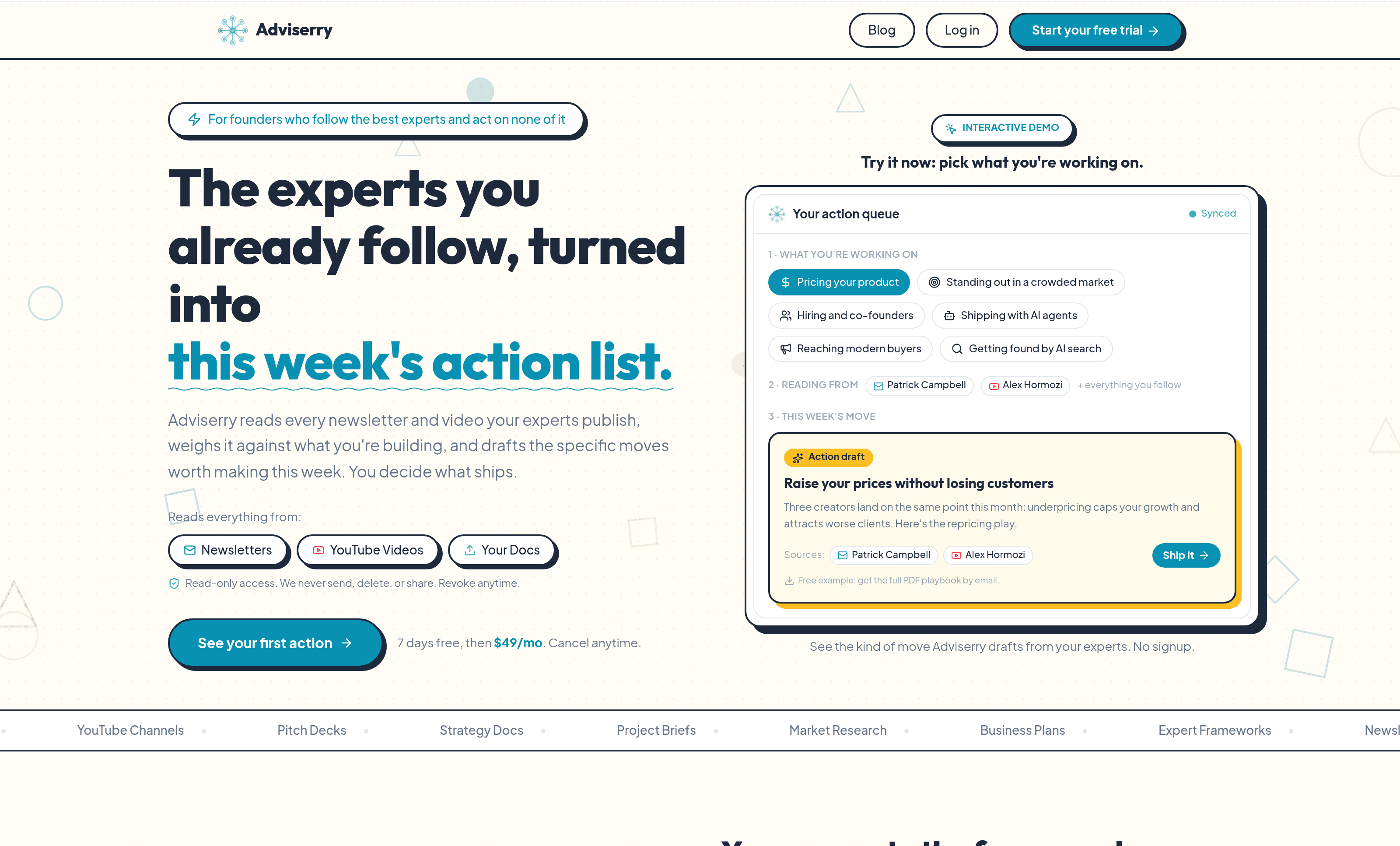 The Adviserry home page, with an interactive demo of the action queue on the right.