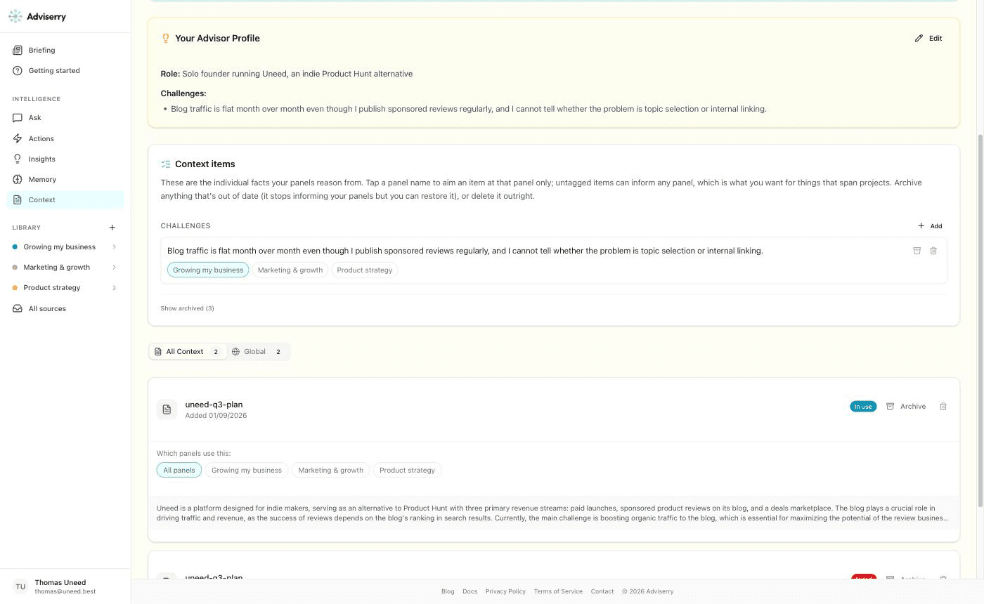 The Context page: the advisor profile, a challenge tagged to one panel, and an uploaded document marked 'In use'.
