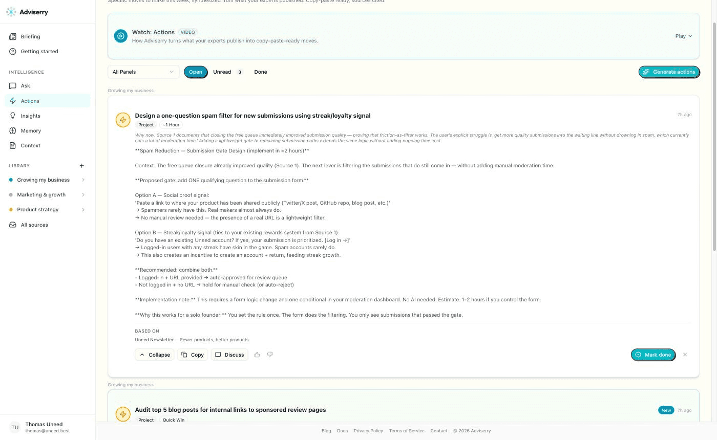 One action expanded: a submission-gate design, with the 'Why now' rationale and the source issue it was built from.