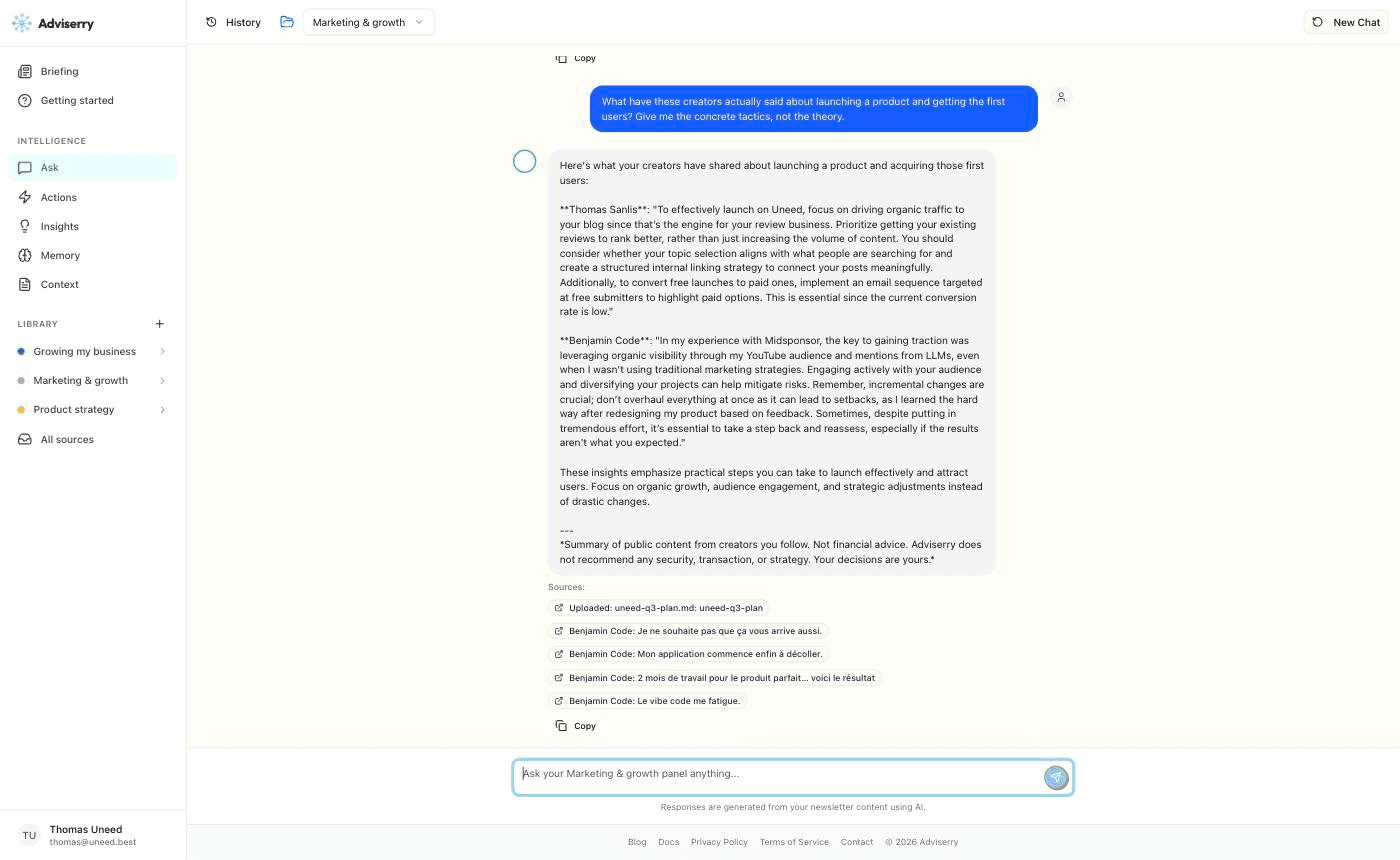 A panel answer synthesising four videos, with the sources listed as chips underneath.