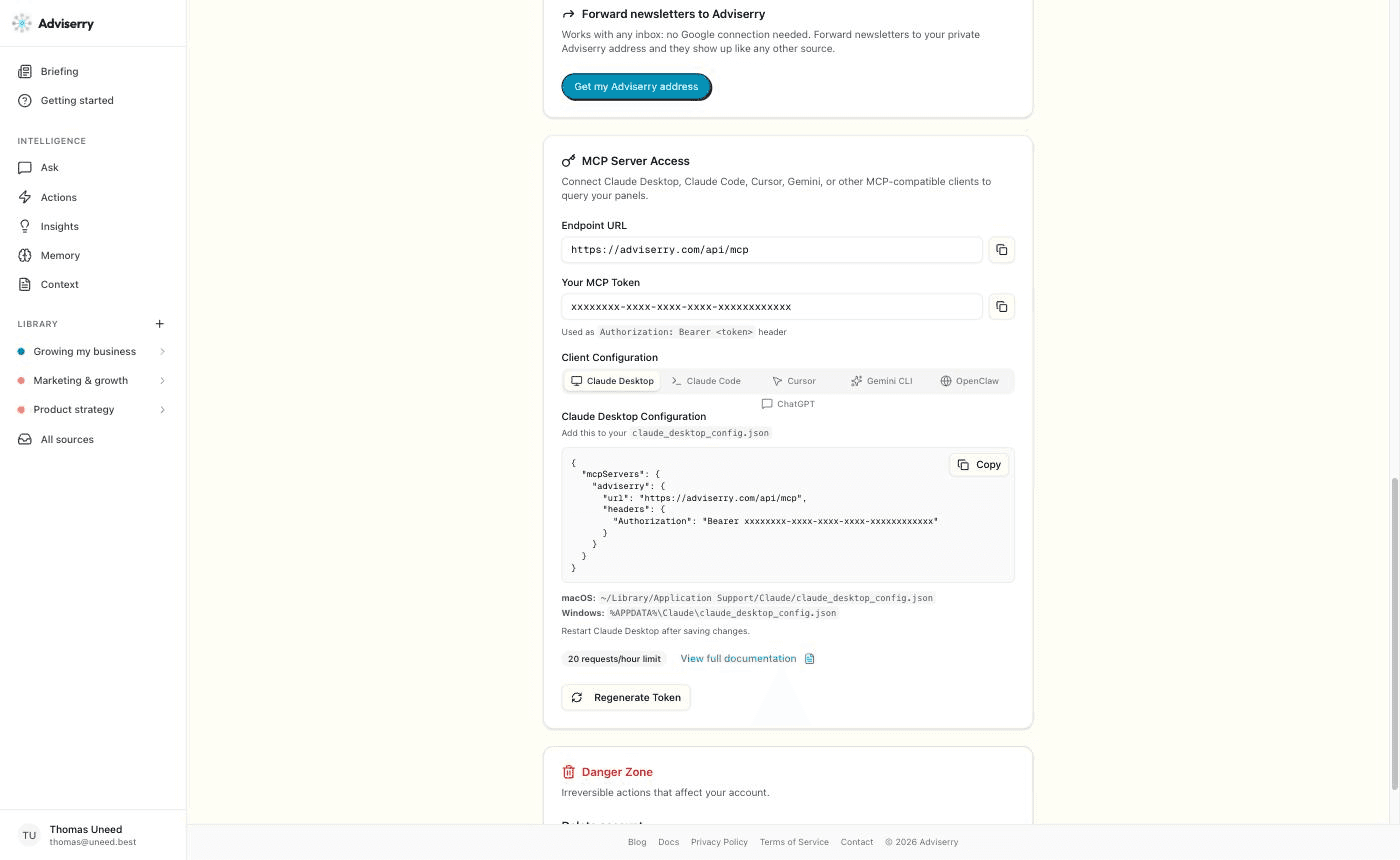MCP Server Access in Settings: endpoint, token, and a ready-to-paste config per client.