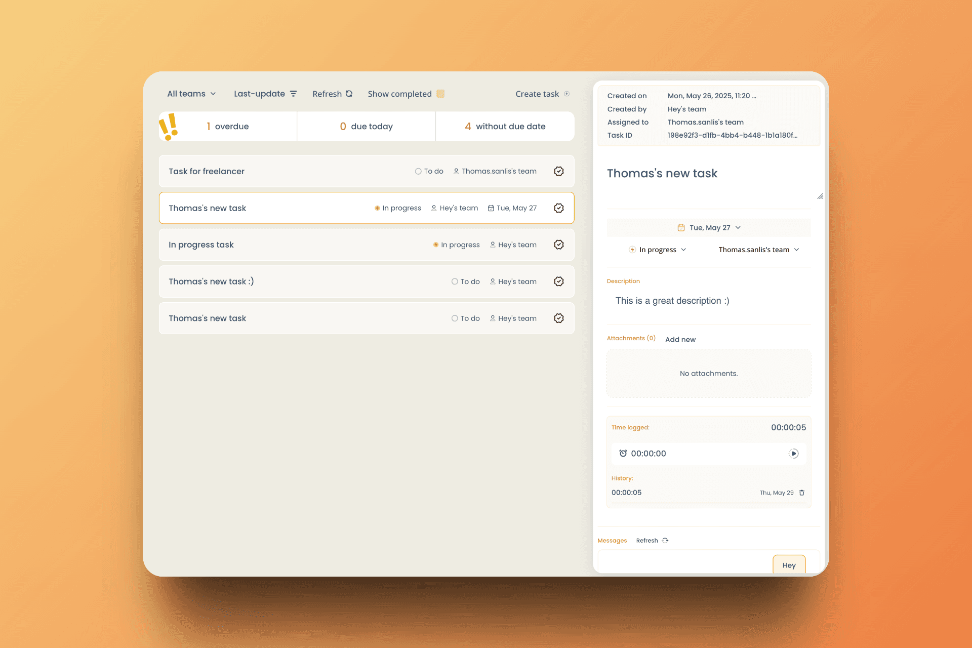 Task management interface with built-in communication