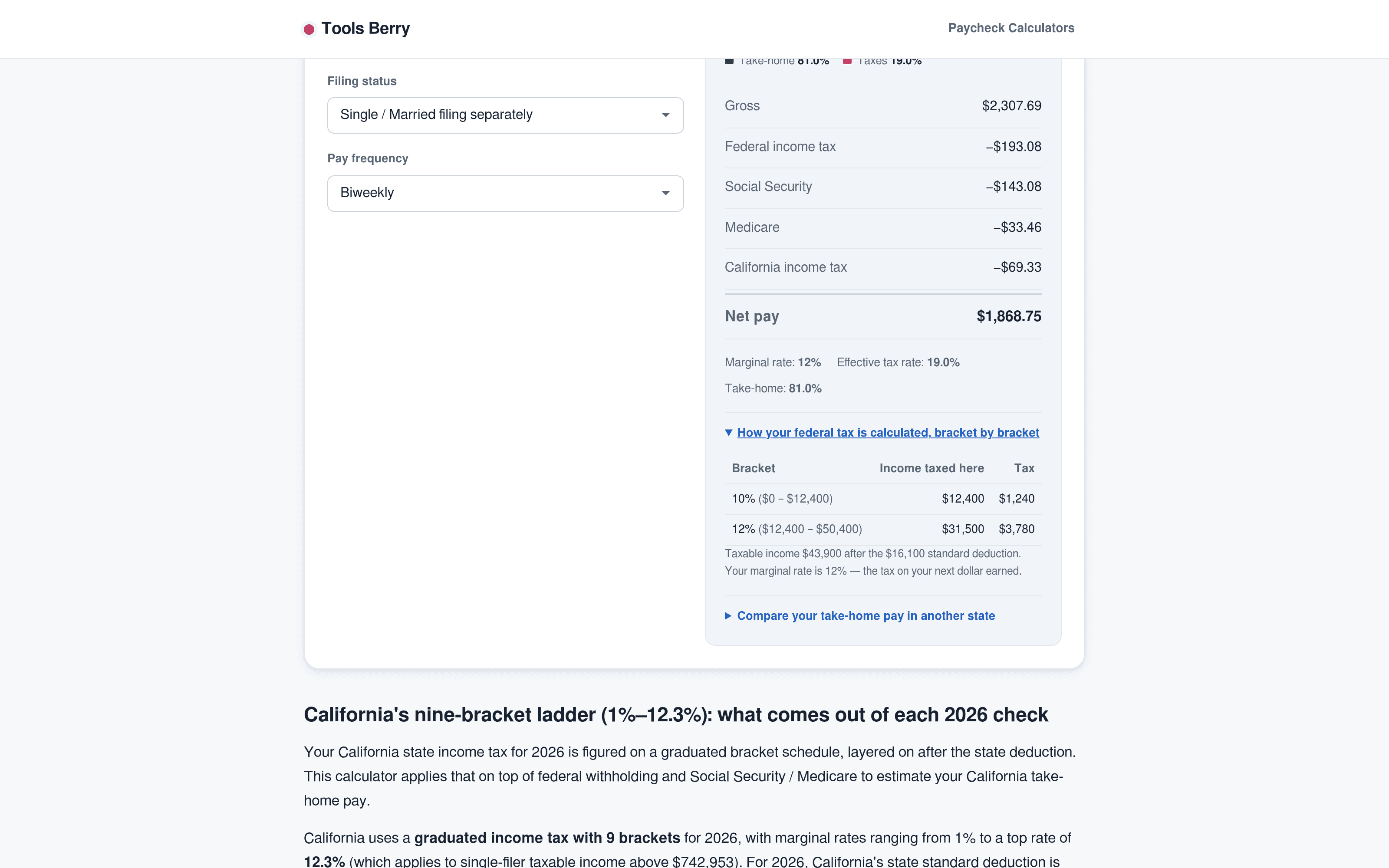 The bracket-by-bracket expander on the California page: each federal band, the income taxed in it, and the tax it produces.